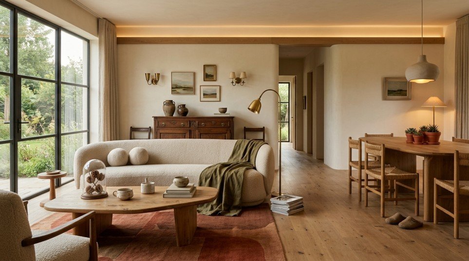 Balanced 2026 home interior combining warm colors natural materials and vintage accents
