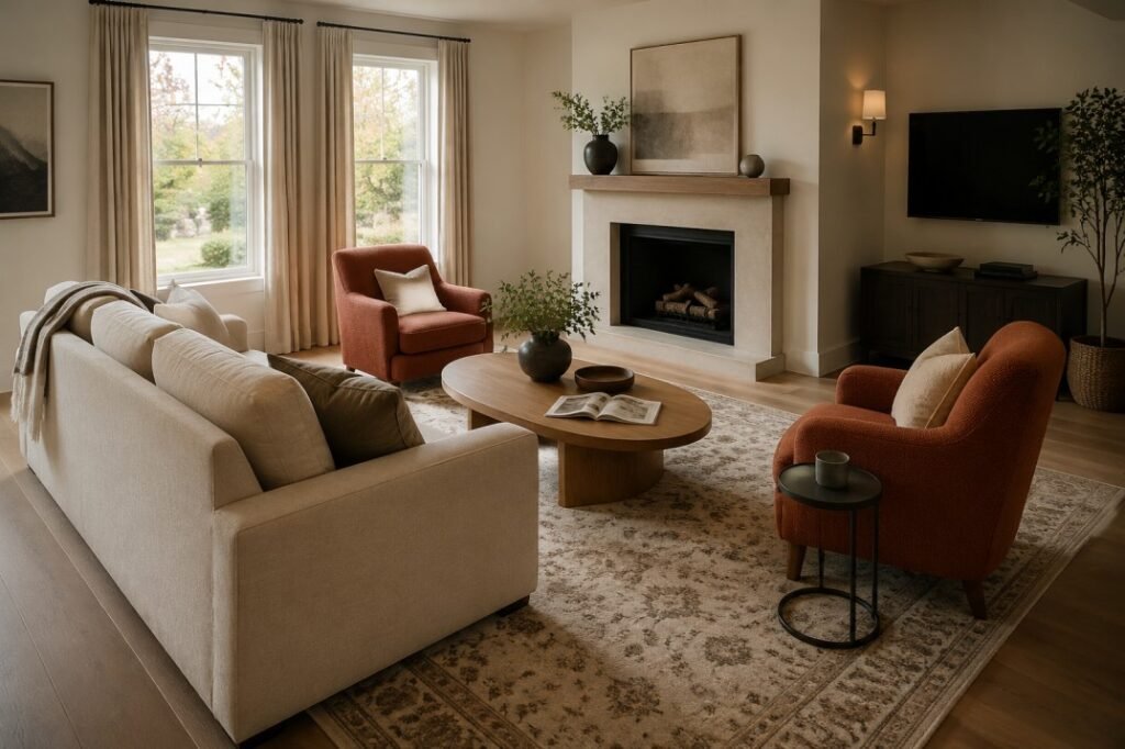 Balanced living room furniture layout with sofa, chairs and correctly scaled rug