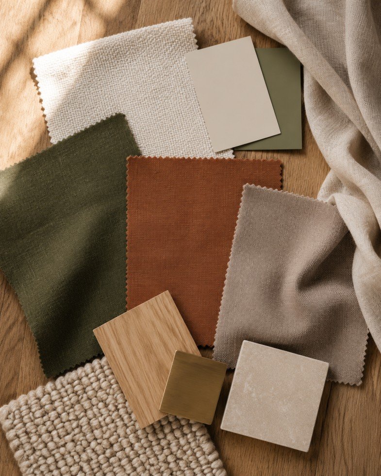 Warm living room color palette with ivory, olive, terracotta and natural materials