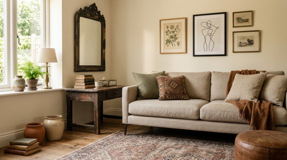Collected living room mixing modern furniture with vintage decor