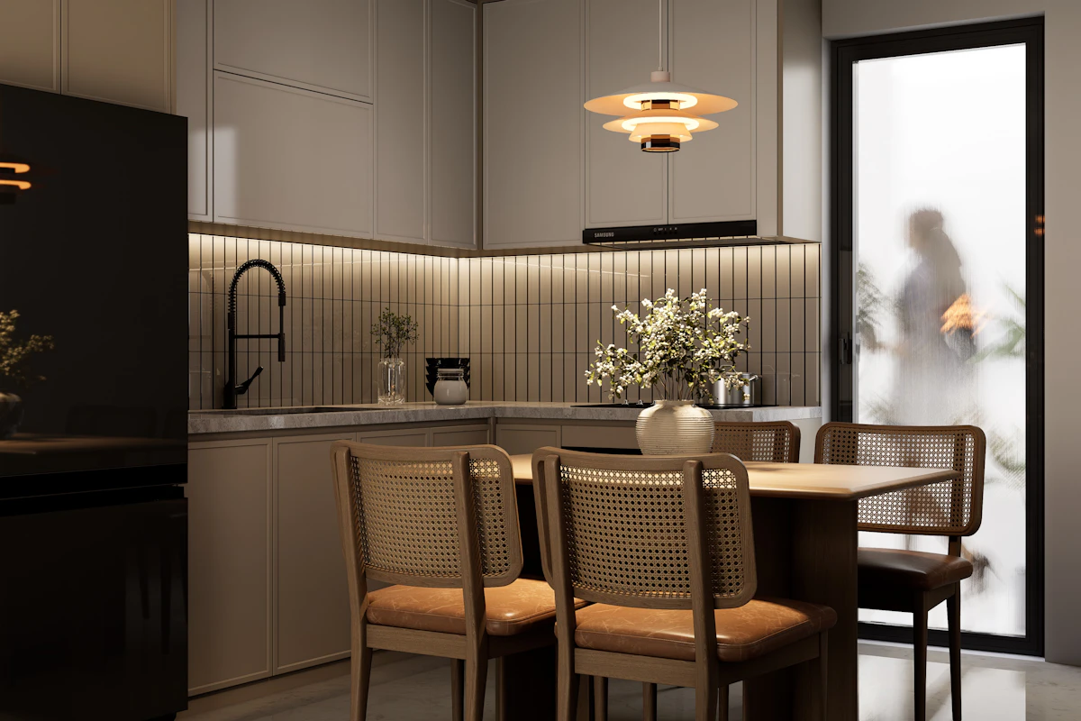 Warm small kitchen with a compact wooden dining table and chairs
