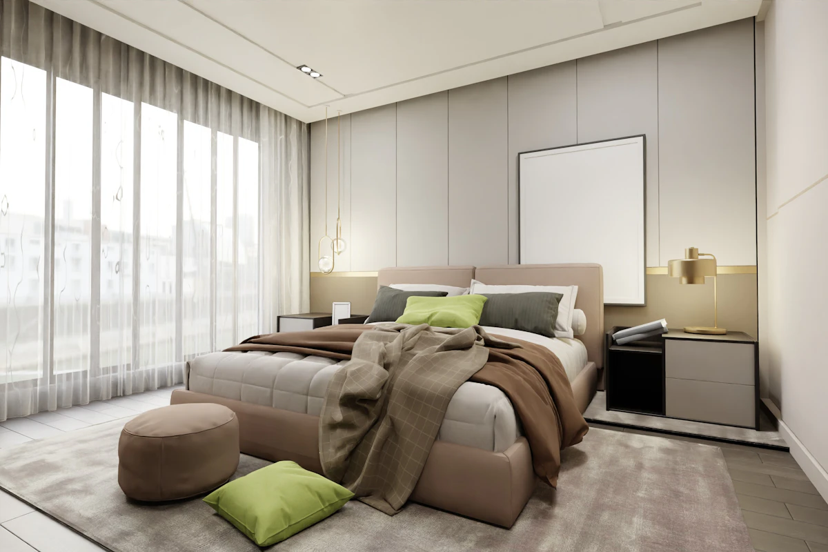 Studio sleeping area separated from the rest of the apartment with soft curtain panels