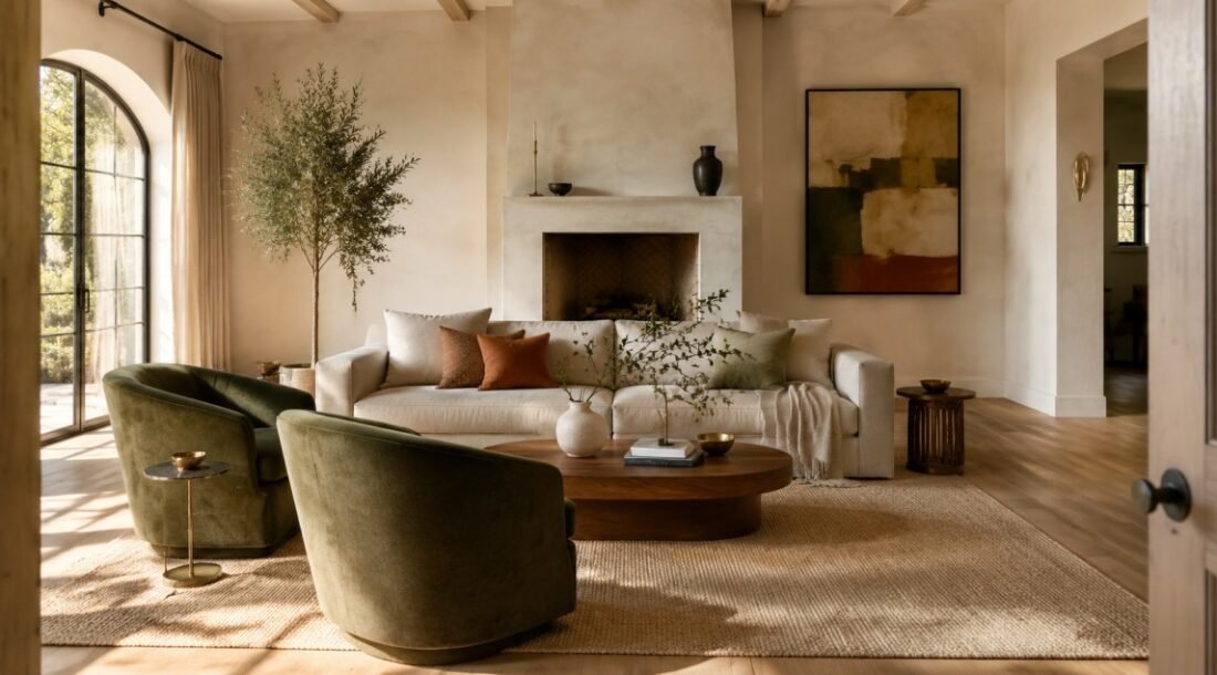Warm contemporary living room with cream sofa, olive chairs and layered neutral decor