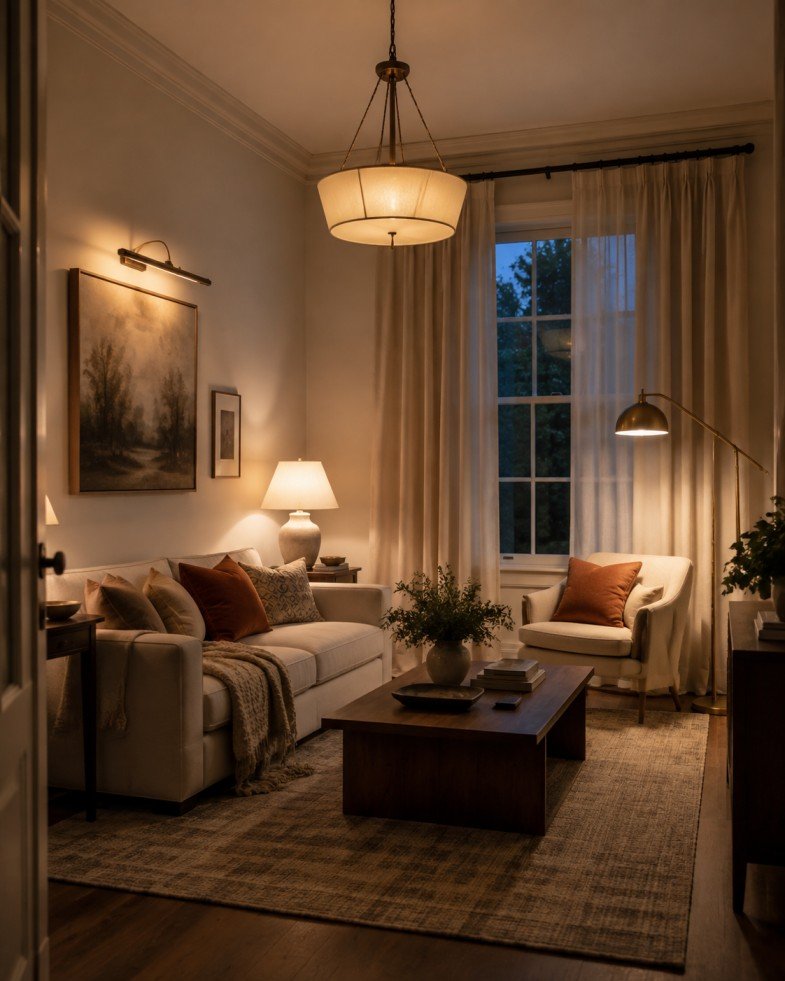 Living room with layered ceiling, floor, table and artwork lighting