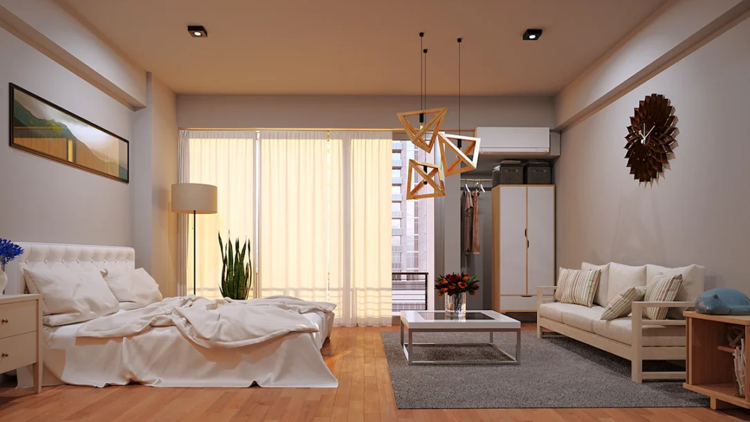 Compact apartment living and sleeping area with space-saving multifunctional furniture