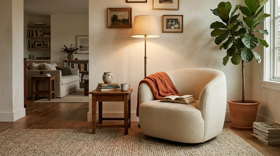 Cozy personalized reading corner with natural textures and vintage decor