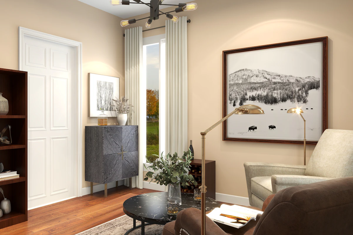 Small round table placed in an awkward living room corner near a doorway for a useful landing zone