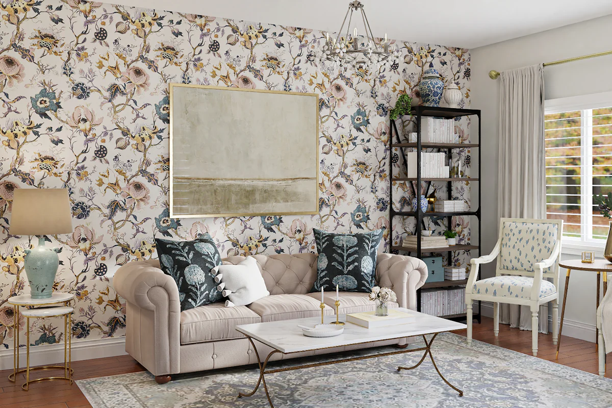 Bright living space with wallpaper used to add pattern and depth to the room