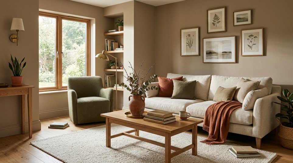 Warm earthy living room with olive, terracotta and cream colors