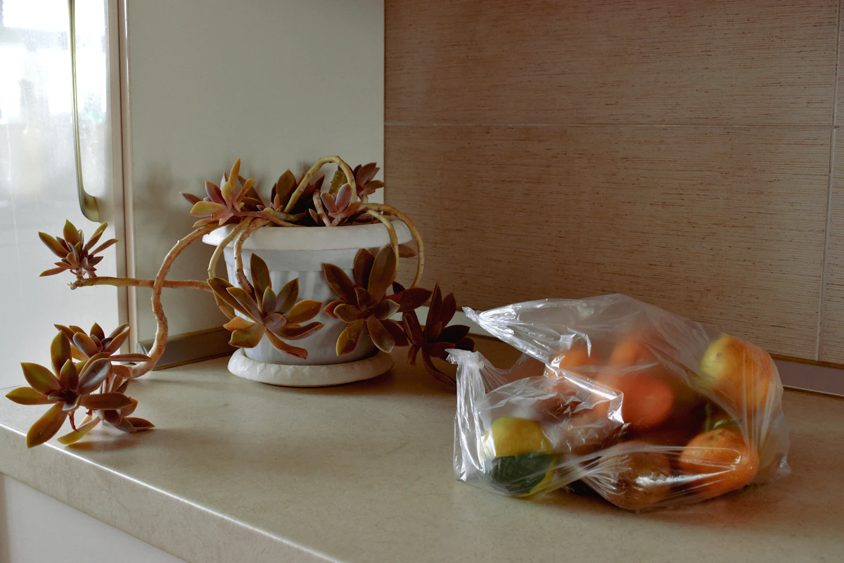 Warm kitchen styled for fall with natural wood, seasonal produce, and simple ceramic decor