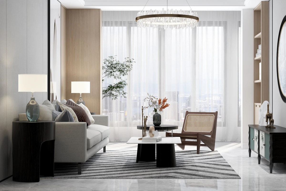 Warm small living room with low furniture, open wall space and a simple vertical composition