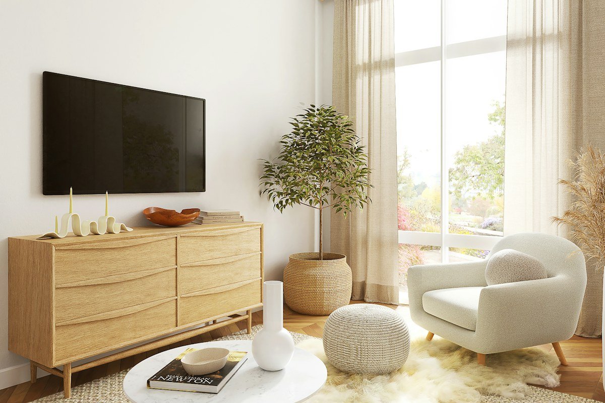 Living room TV wall with warm wood slat paneling and a simple media console
