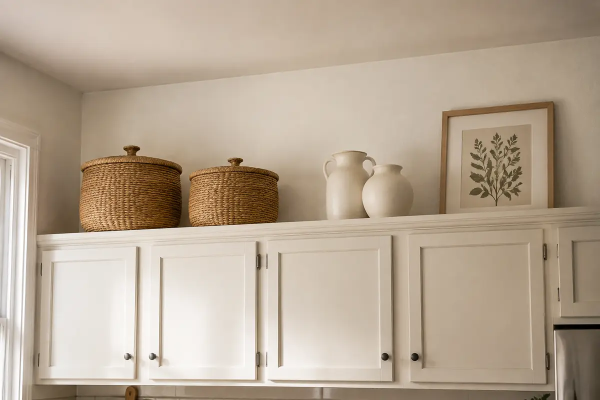 Cream kitchen cabinets topped with woven baskets, ceramic vessels, and framed botanical art