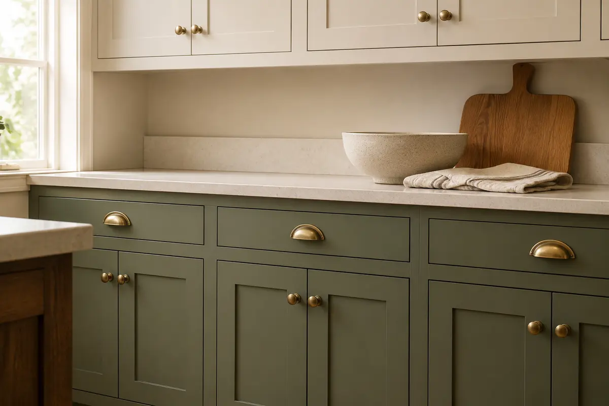 Muted olive kitchen cabinets with aged brass cup pulls and round knobs