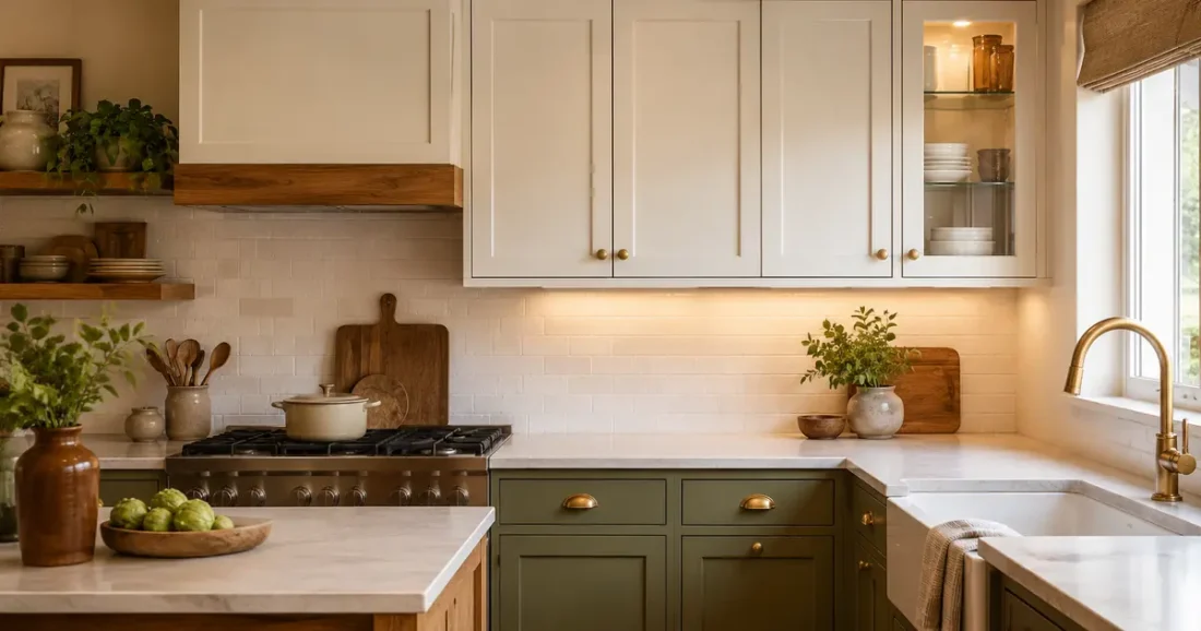 Warm affordable kitchen with ivory and olive cabinets, brass hardware, glass-front display, and under-cabinet lighting