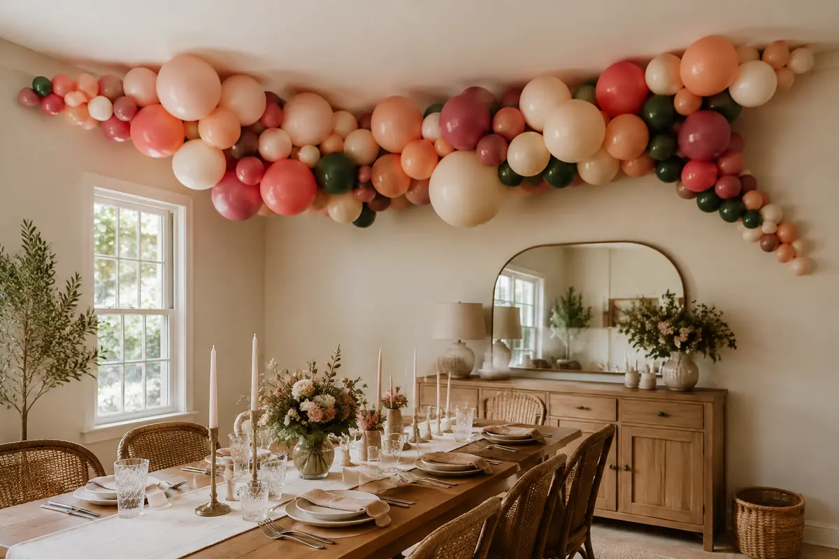 Peach, ivory, coral, and green balloon cloud arranged along a dining room ceiling corner