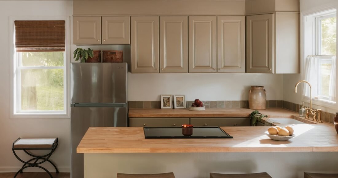 Bright small kitchen with light cabinetry, wood counters and an open uncluttered layout