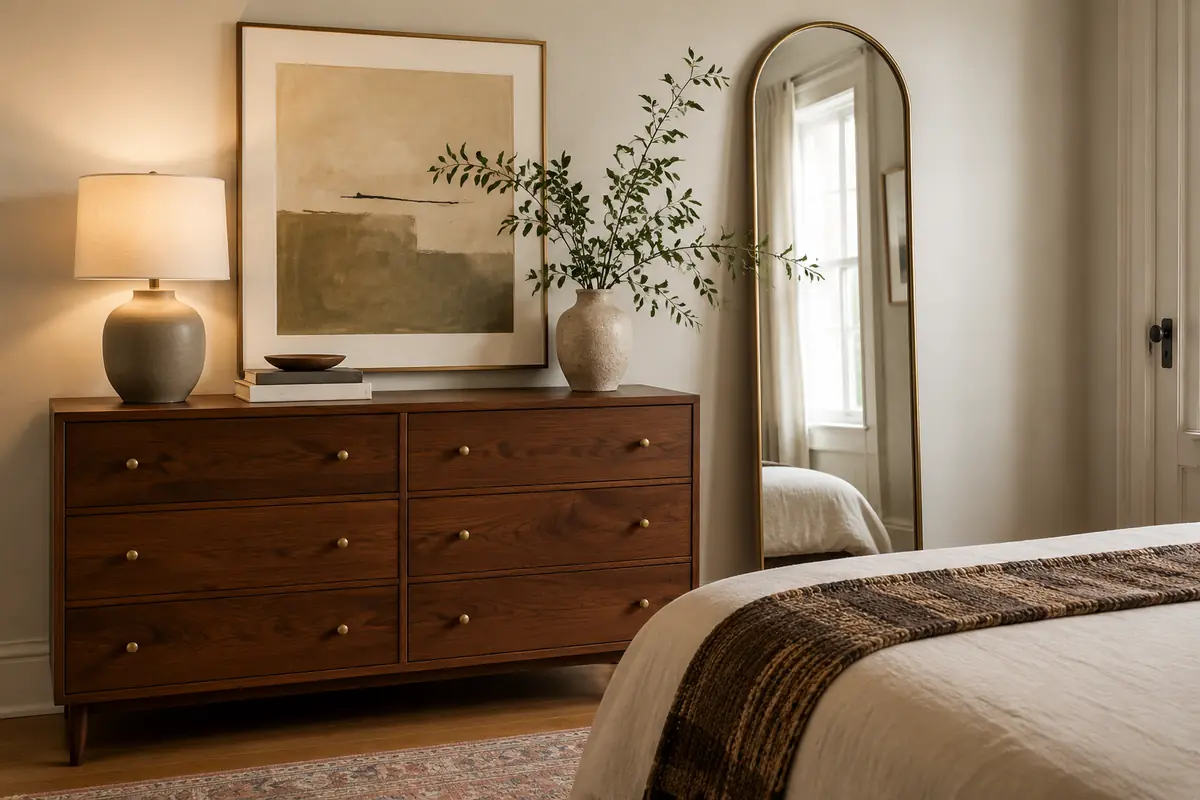 Walnut bedroom dresser styled with brass knobs, large art, a mirror, lamp, and ceramic vase