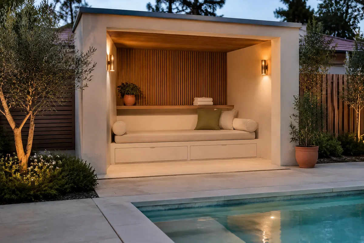 Compact spa-inspired pool cabana with a daybed, slatted screen, and warm lighting