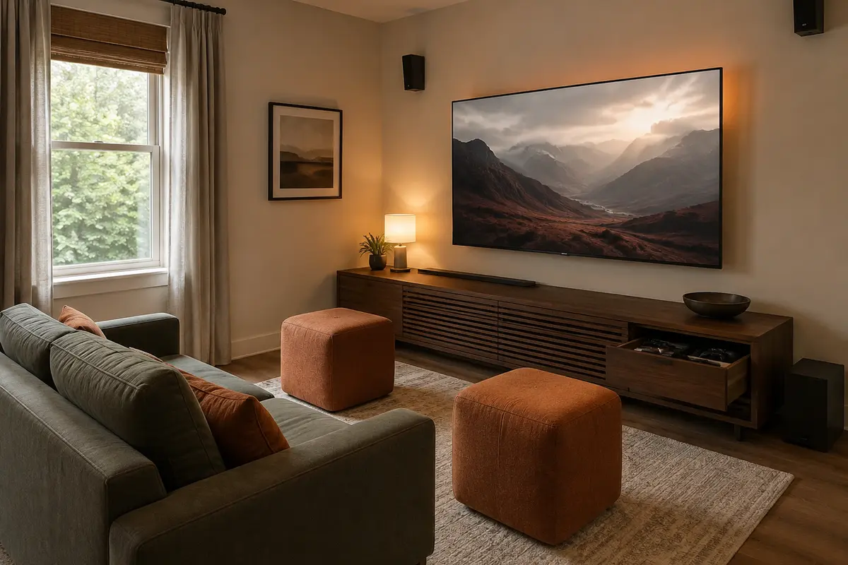 Console gaming room with a wall-mounted television, low media cabinet, sofa, and movable poufs