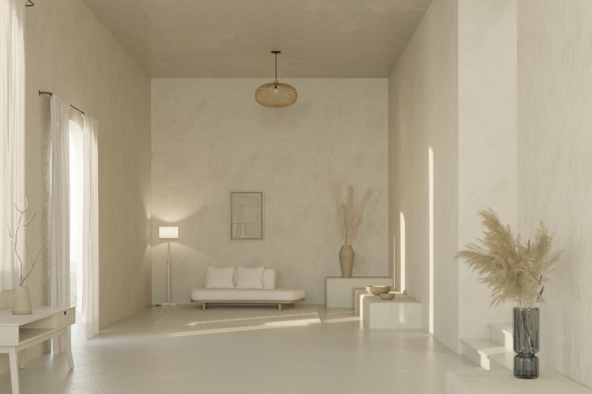 Cool neutral living room with soft white and gray finishes