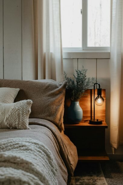 Cozy modern bedroom with layered neutral bedding and warm bedside lighting