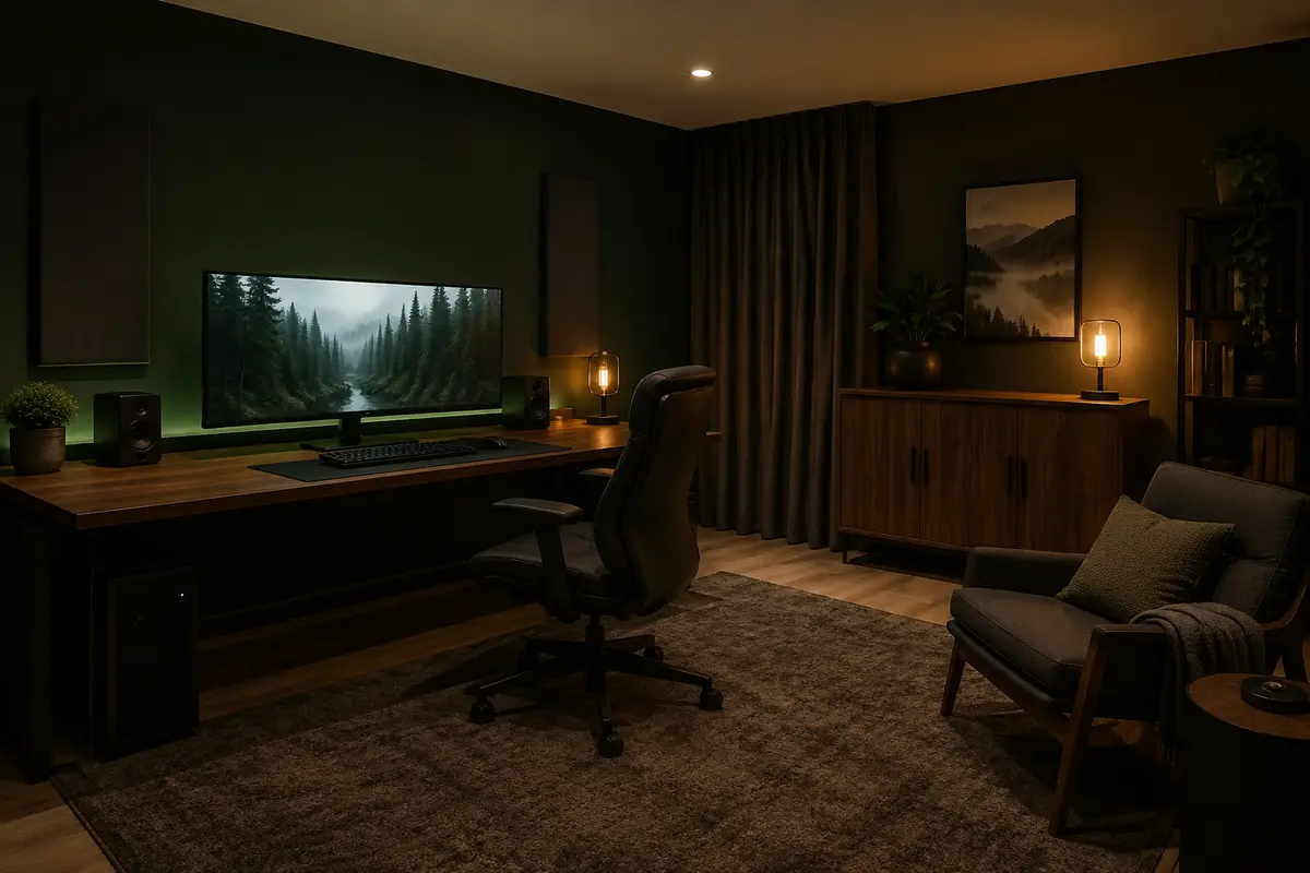Dark cinematic gaming room with a wide monitor, walnut desk, forest-green walls, and layered warm lighting