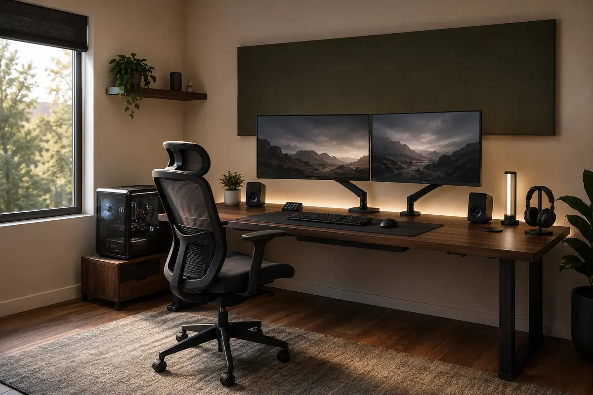 Dual-monitor PC gaming room with a walnut desk, ergonomic chair, acoustic panel, and concealed cables