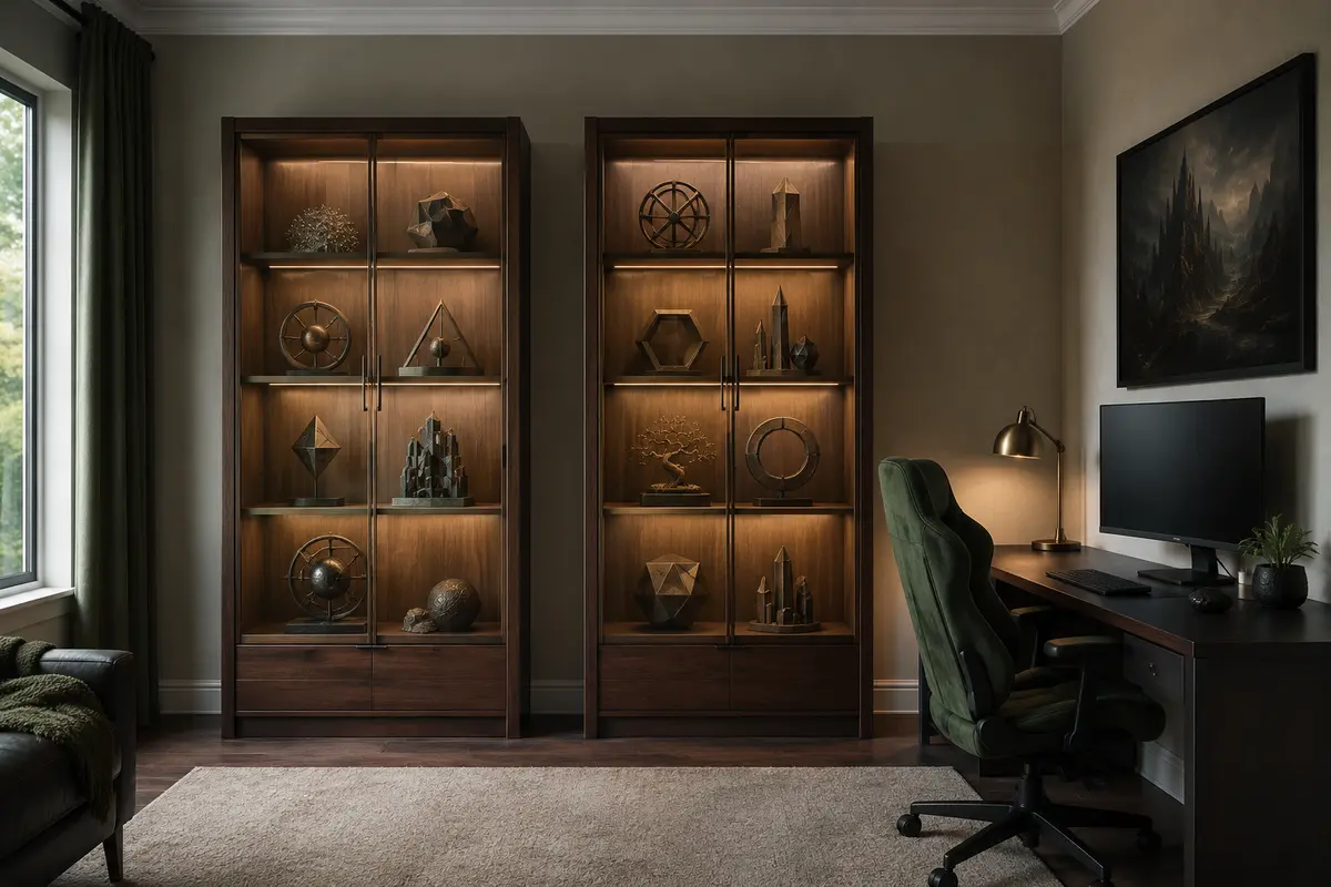 Gaming room with illuminated glass display cabinets, curated collectibles, and an adjacent walnut desk