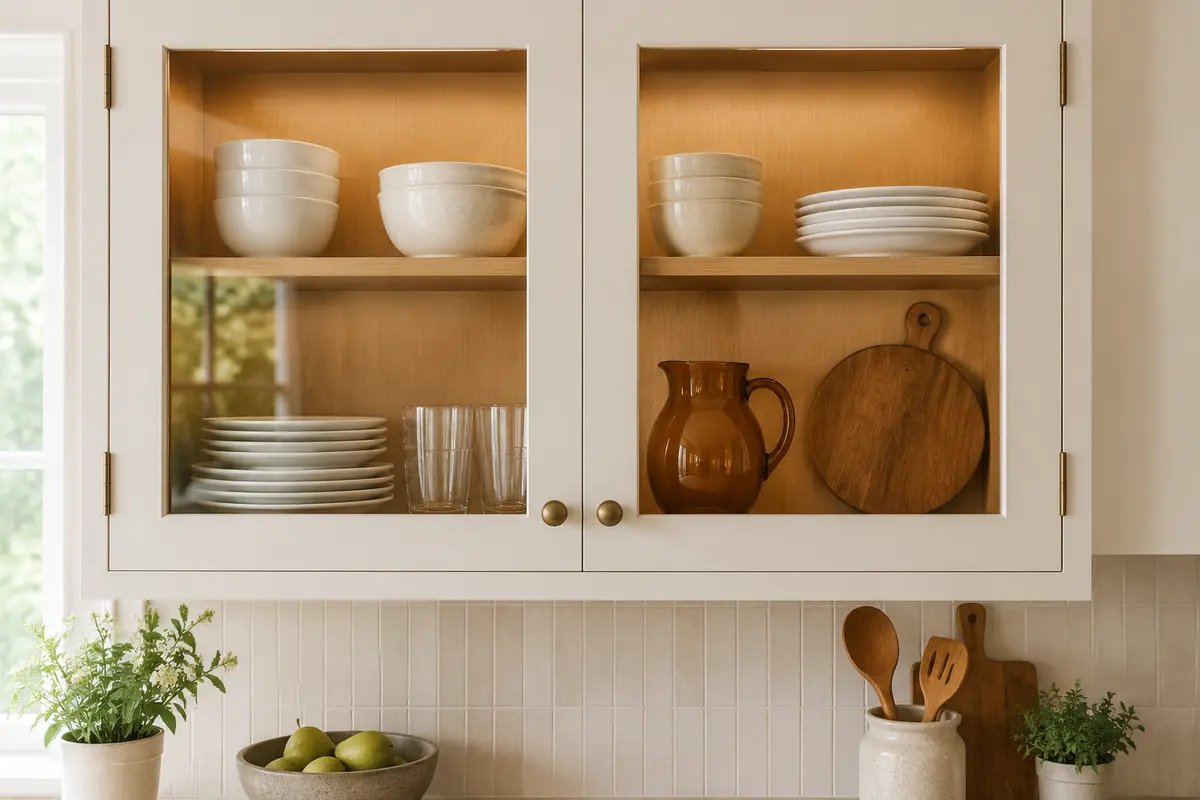 Glass-front ivory kitchen cabinets styled with white dishes, amber glass, and a wood serving board