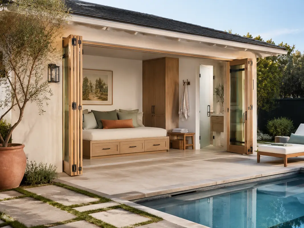 Guest-ready pool house with a daybed, changing area, and bathroom beside the pool
