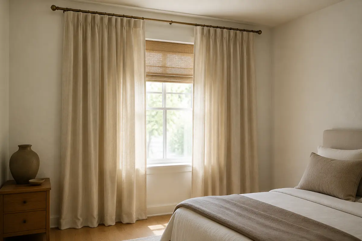 Full-length oatmeal bedroom curtains hung high and wide around a sunlit window