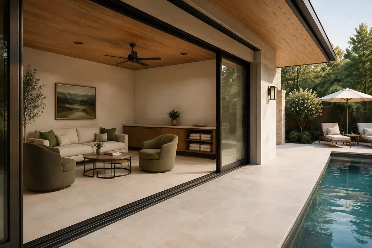 Modern pool house lounge with wide glass doors opening toward the pool deck