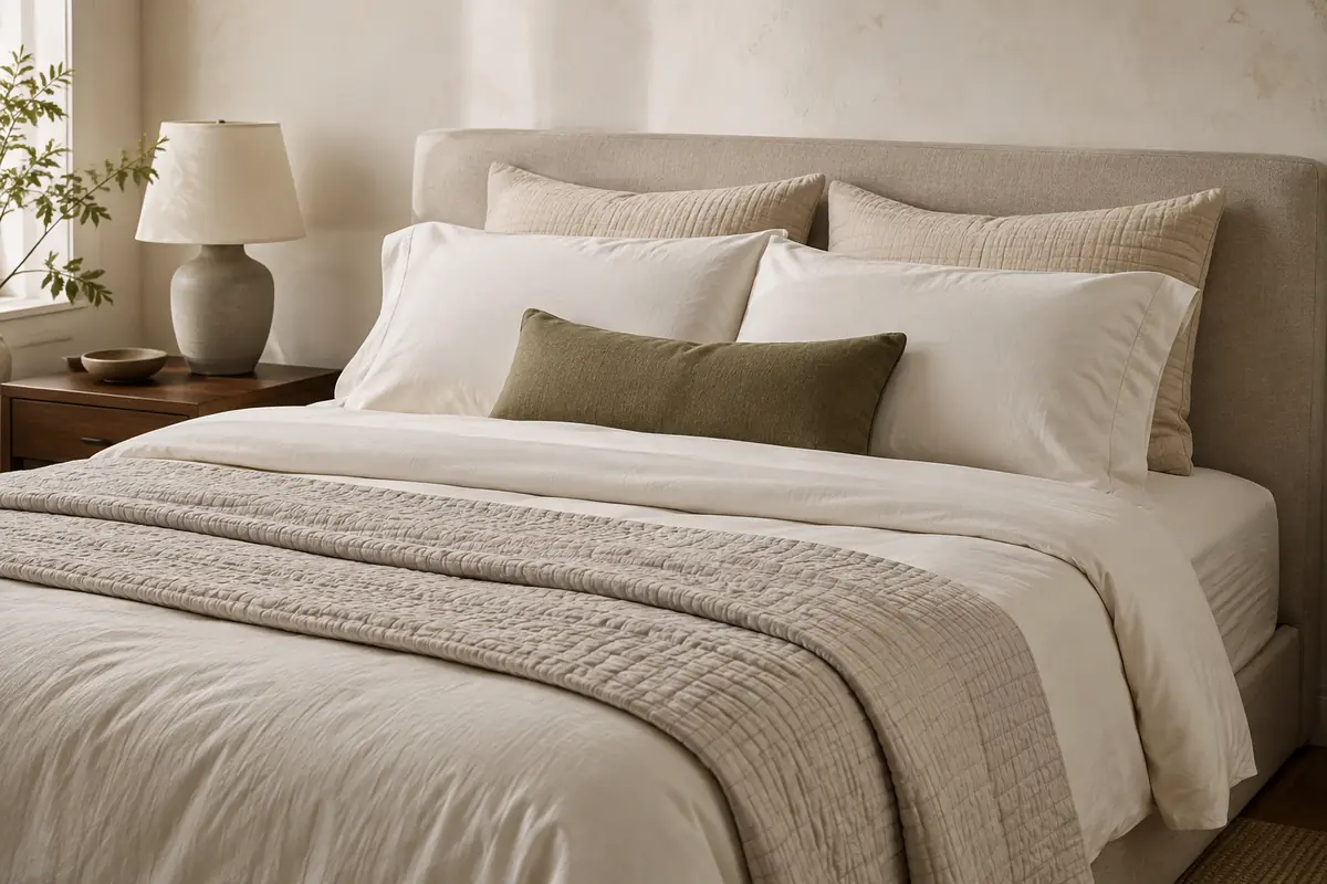 Ivory bedroom bedding layered with an oatmeal quilt and muted olive lumbar pillow