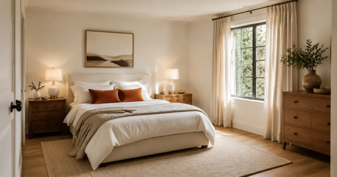 Warm neutral bedroom with layered bedding, high curtains, wood furniture, and soft lighting