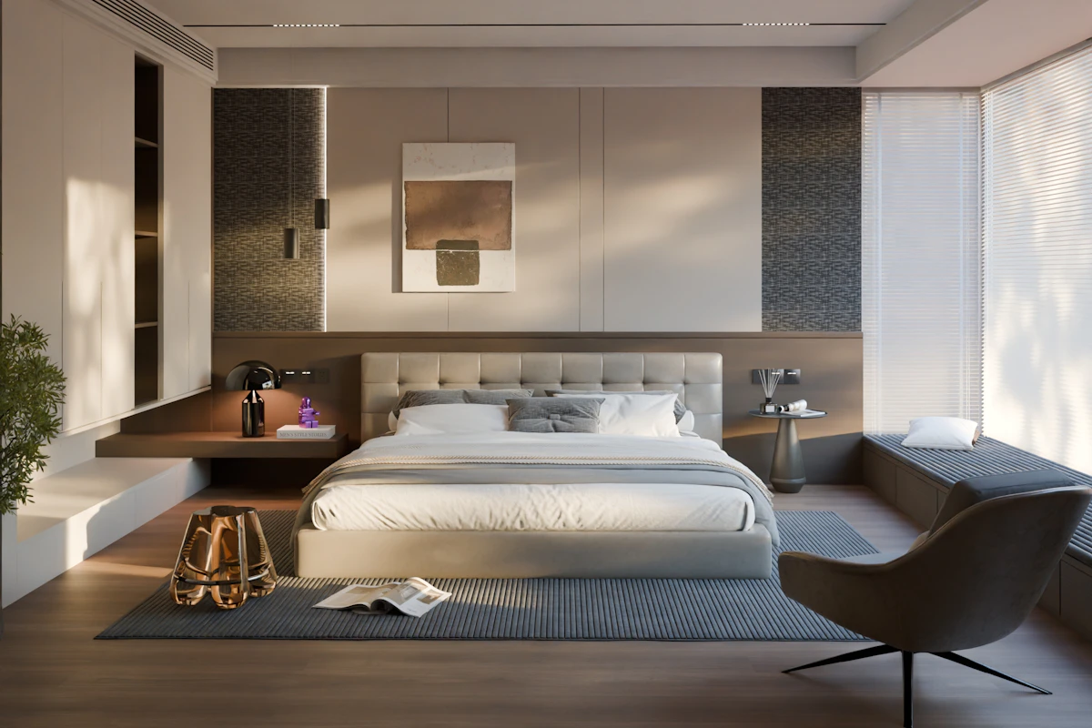 Modern bedroom with large bed and layered wall decor