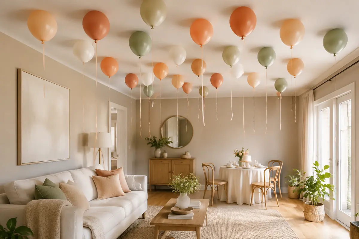 Air-filled peach, cream, terracotta, and sage balloons attached to a living room ceiling