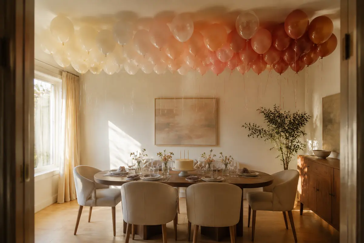 Birthday dining room with ceiling balloons fading from ivory through peach to terracotta