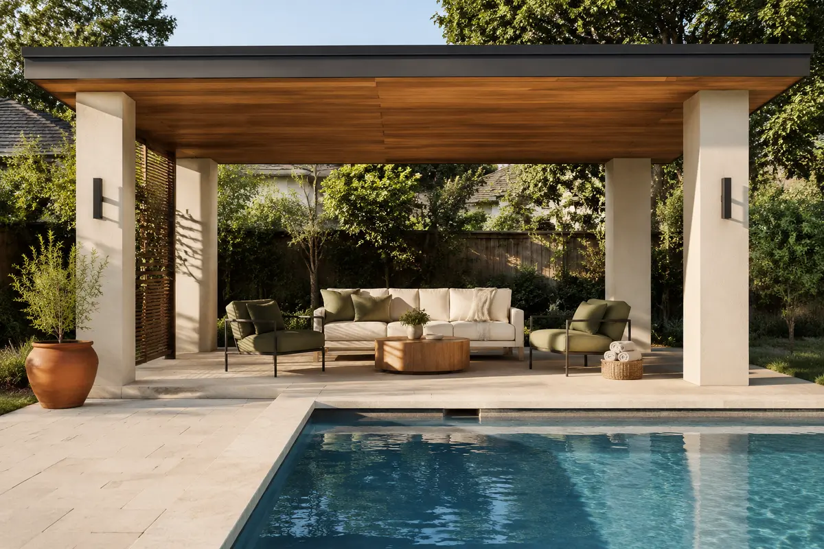 Open-air pool house pavilion with a shaded lounge beside a blue backyard pool