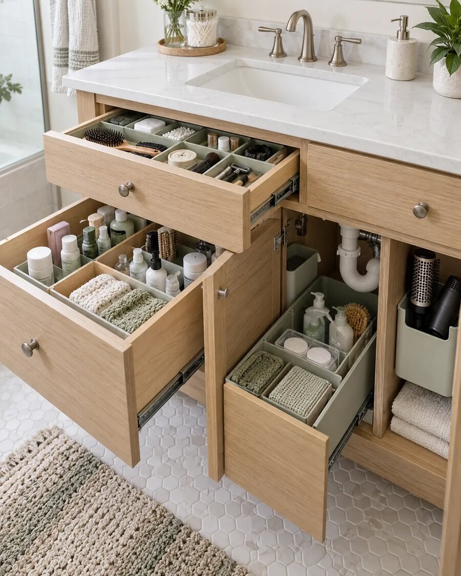 Organized bathroom vanity drawers with dividers and under-sink pull-out bins