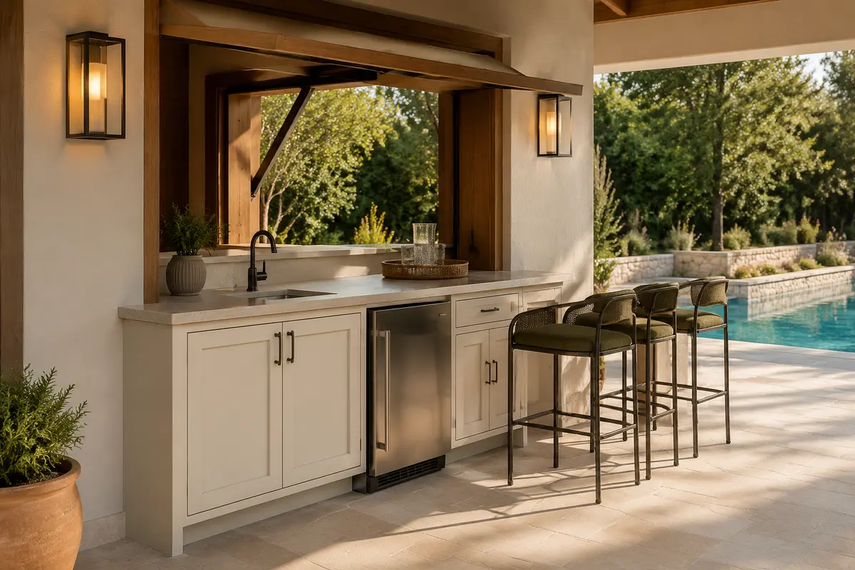 Pool house with an outdoor kitchen, shaded bar seating, and view of the swimming pool