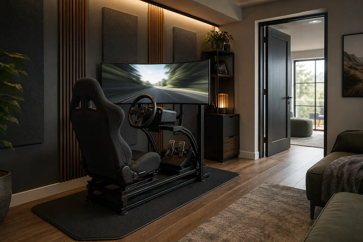 Racing simulator gaming room with a compact cockpit, curved display, floor mat, and clear side walkway