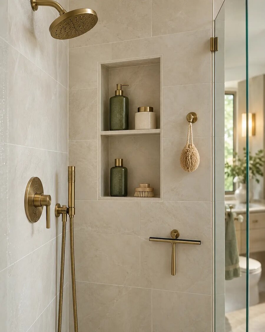 Recessed shower niche with organized bottles in a small bathroom