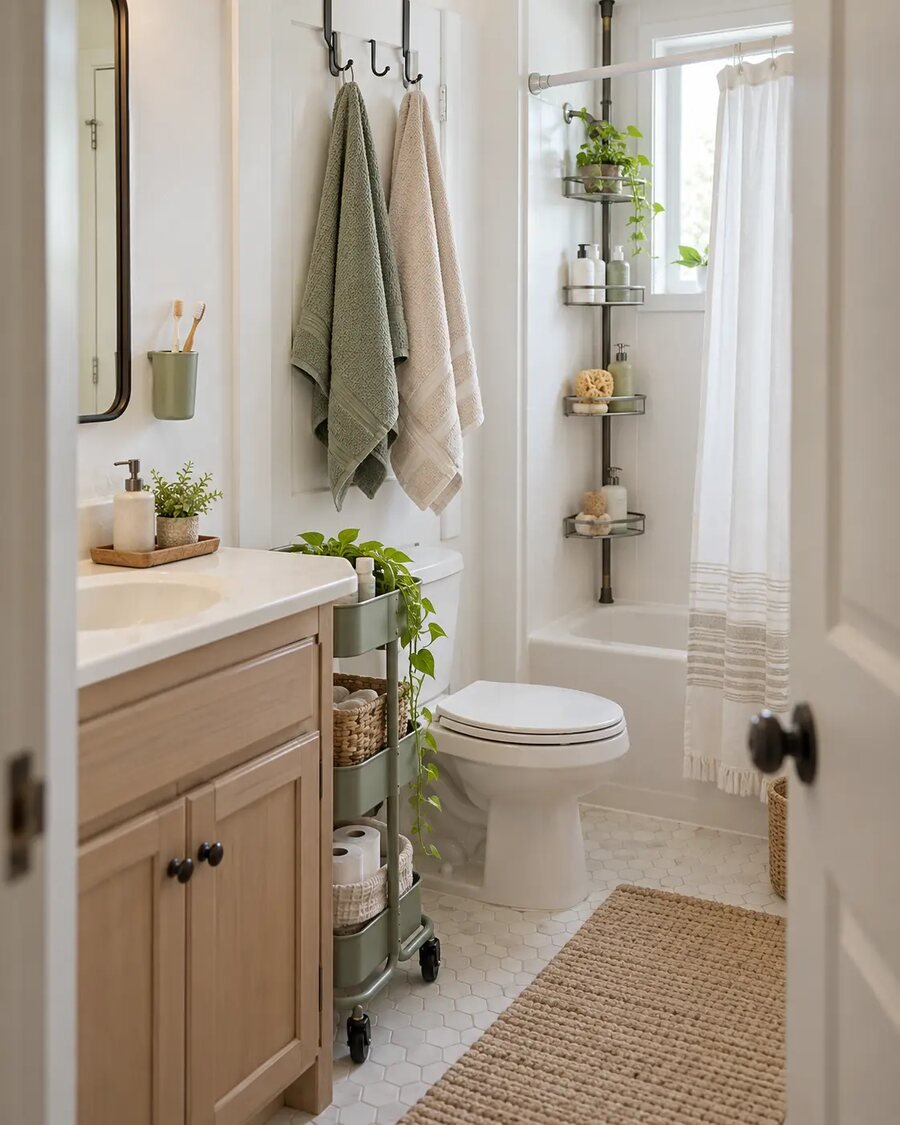 Renter-friendly small bathroom storage with a slim cart and over-door hooks