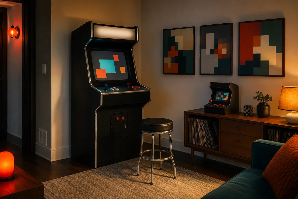 Retro arcade gaming corner with an unbranded cabinet, tabletop machine, geometric wall art, and warm lighting