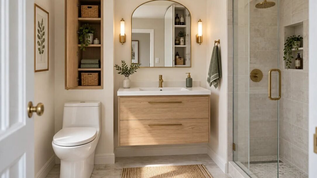 Small bathroom storage ideas with a floating vanity and hidden wall cabinets