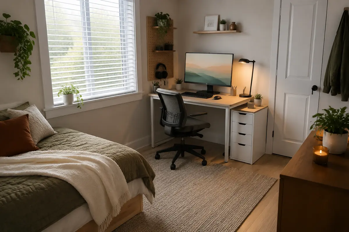 Small bedroom gaming nook with a slim desk, single monitor, pegboard storage, and compact task chair