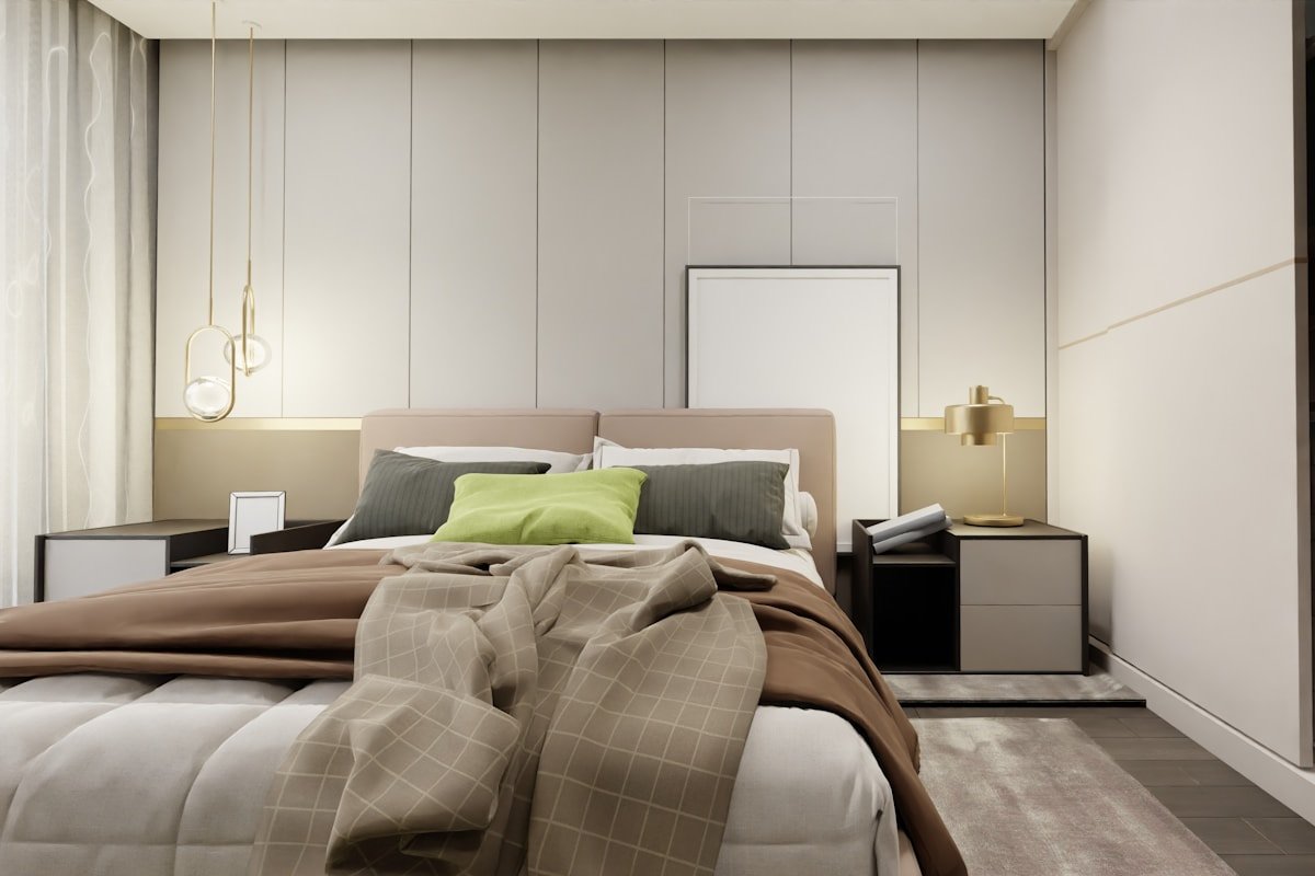 Small bedroom with bed dresser closet and compact storage layout