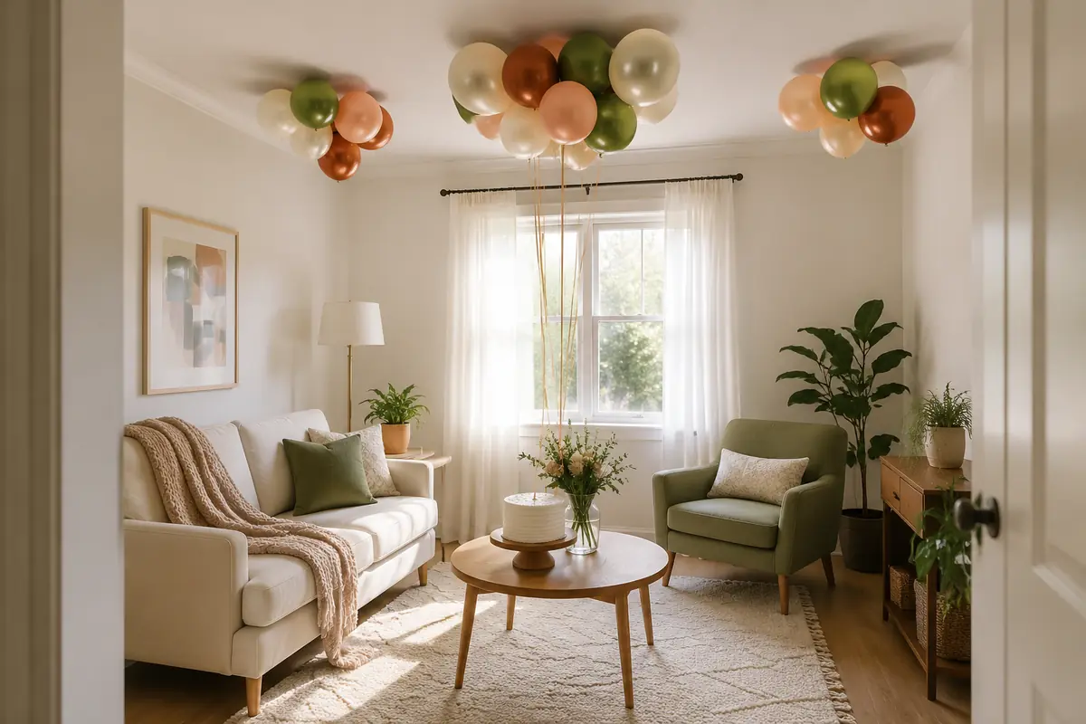 Compact living room decorated with three small cream, peach, green, and terracotta ceiling balloon clusters