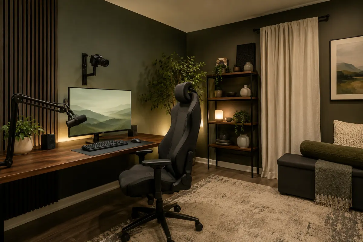 Stream-ready gaming room with a microphone arm, wall-mounted camera, lit backdrop shelf, curtain, and upholstered bench